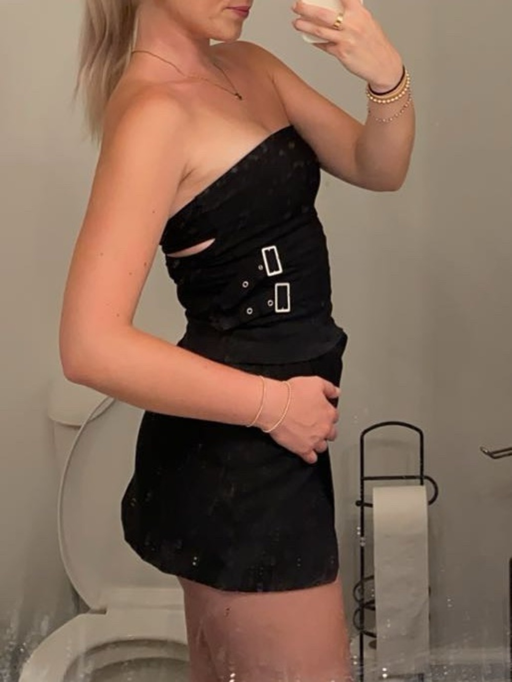 Pull&Bear Black Strapless Crop Top with Side Buckles